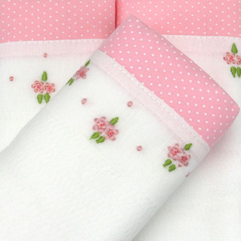 Fralda bordada duo floral rosa (unidade) 