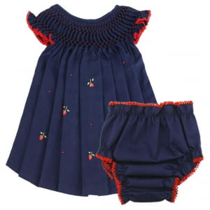 Vestido Casinha de Abelha Azul Marinho Moranguinho Bico Vermelho (6 e 24 Meses) + Calcinha Fustão Marinho Bico Vermelho
